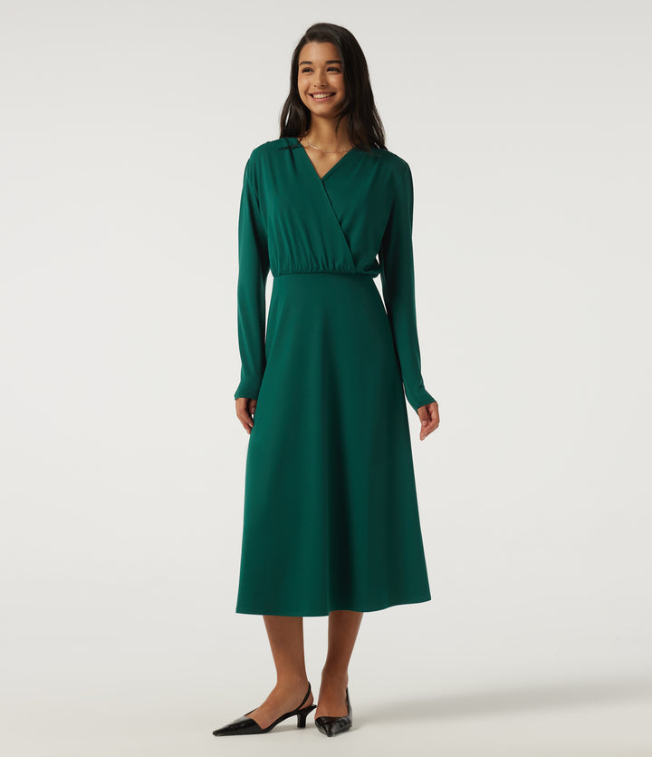 V Neck Long Sleeve Crossover A-Line Work Midi Dress with Pockets — Rain Forest — view 1