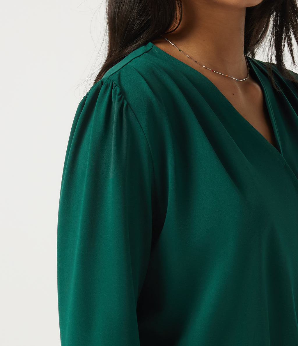 V Neck Long Sleeve Crossover A-Line Work Midi Dress with Pockets — Rain Forest — view 6