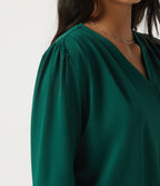 V Neck Long Sleeve Crossover A-Line Work Midi Dress with Pockets — Rain Forest — view 6