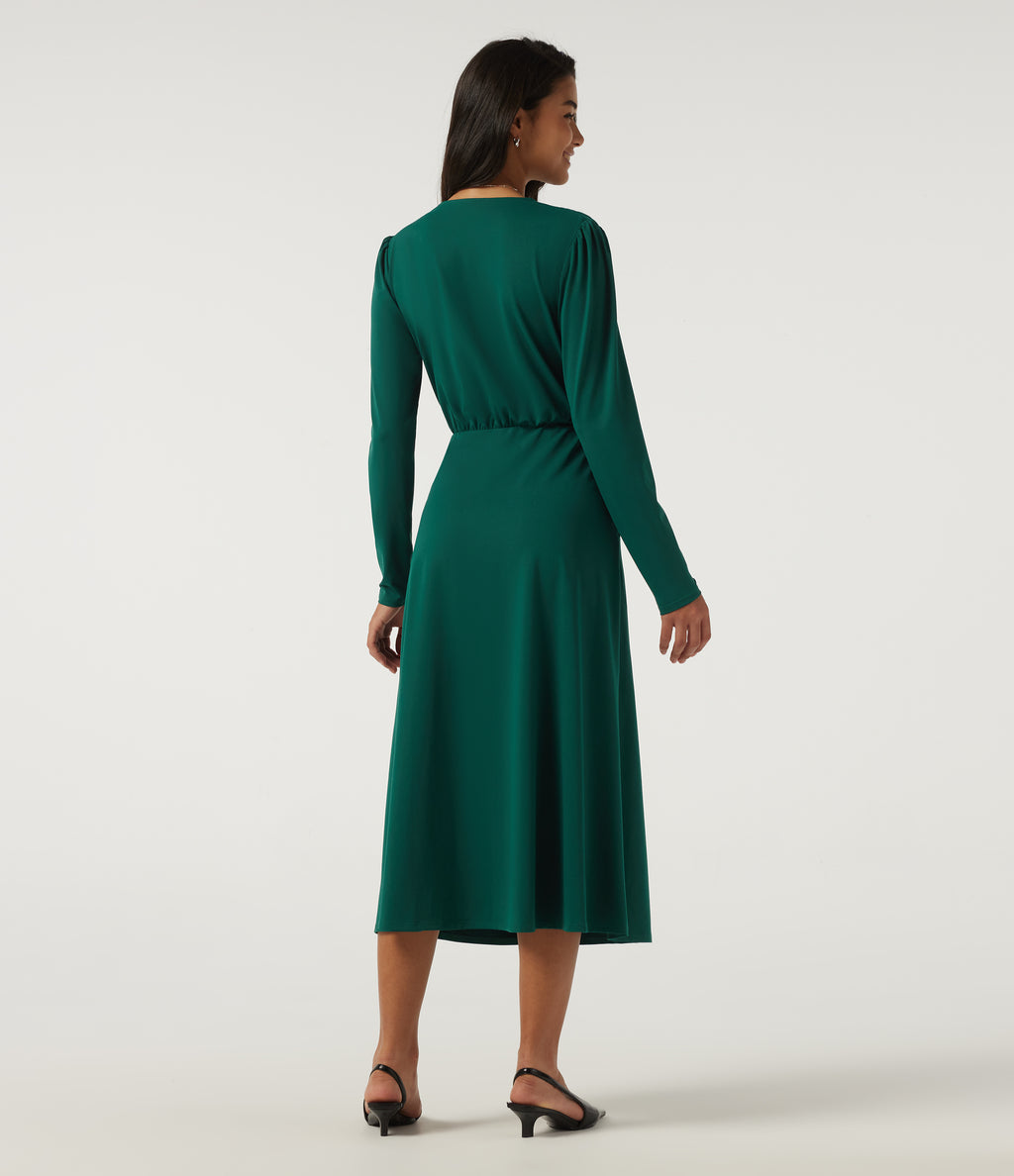 V Neck Long Sleeve Crossover A-Line Work Midi Dress with Pockets — Rain Forest — view 2