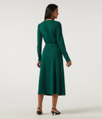 V Neck Long Sleeve Crossover A-Line Work Midi Dress with Pockets — Rain Forest — view 2