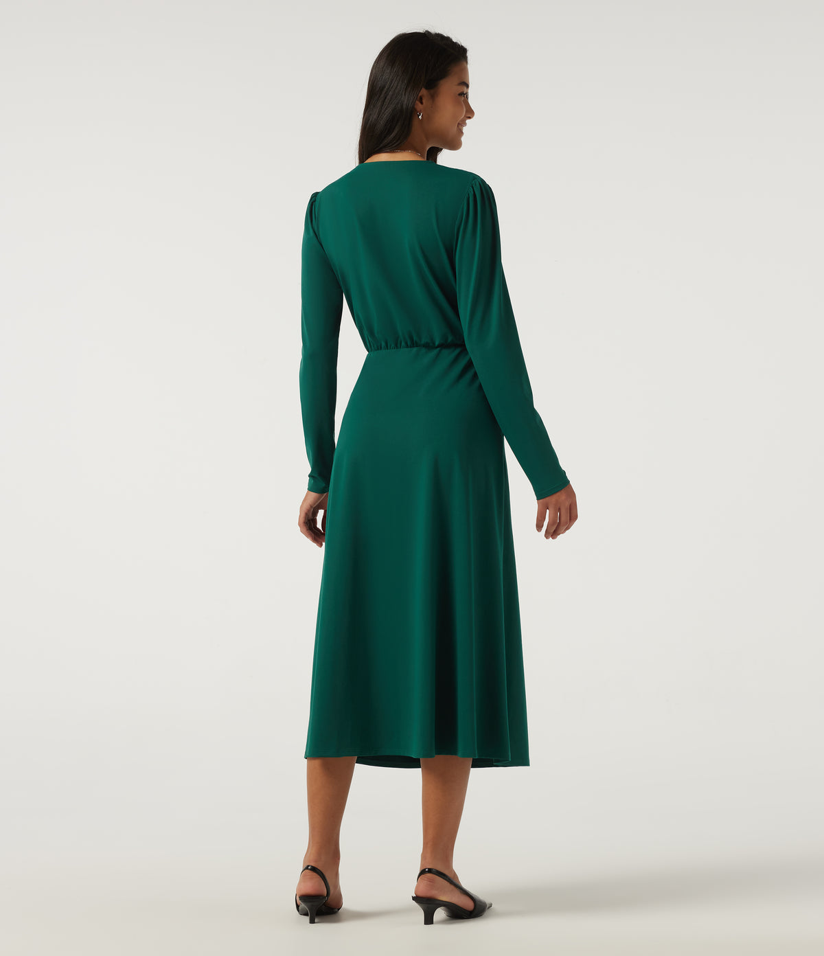 V Neck Long Sleeve Crossover A-Line Work Midi Dress with Pockets — Rain Forest — view 2