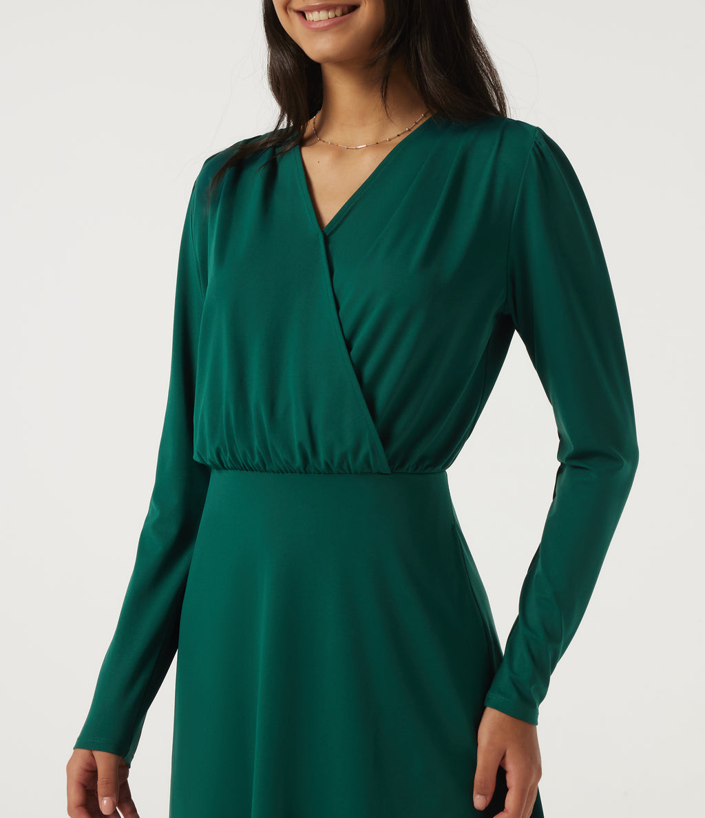 V Neck Long Sleeve Crossover A-Line Work Midi Dress with Pockets — Rain Forest — view 4