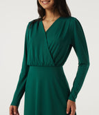 V Neck Long Sleeve Crossover A-Line Work Midi Dress with Pockets — Rain Forest — view 4