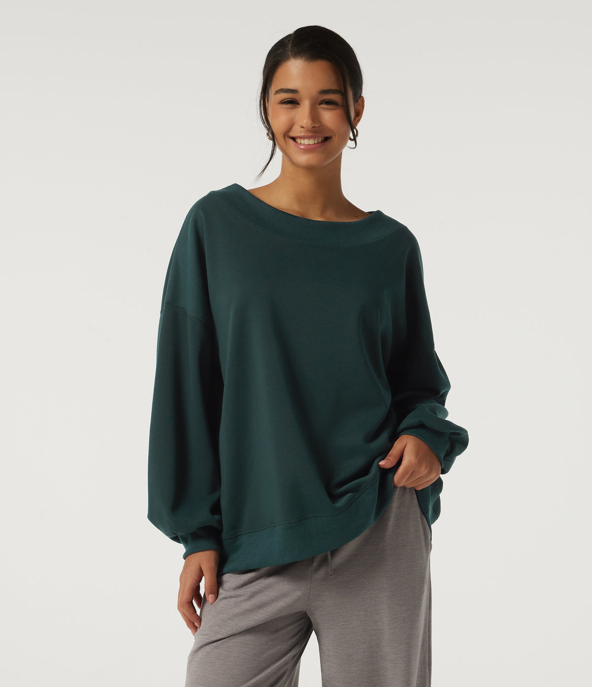 Round Neck Long Sleeve Fleece Casual Sweatshirt — Darkest Spruce — view 4
