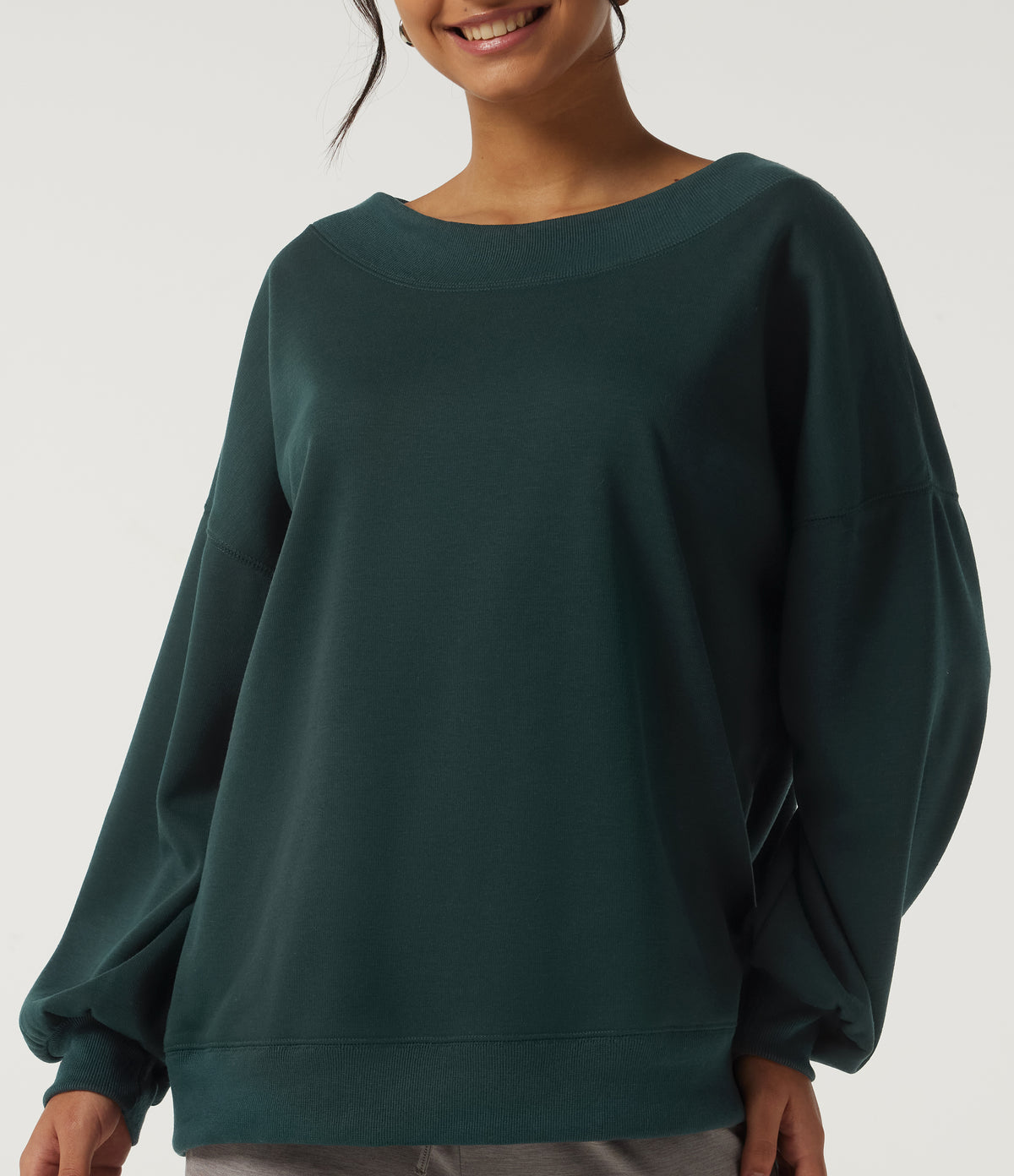 Round Neck Long Sleeve Fleece Casual Sweatshirt — Darkest Spruce — view 5