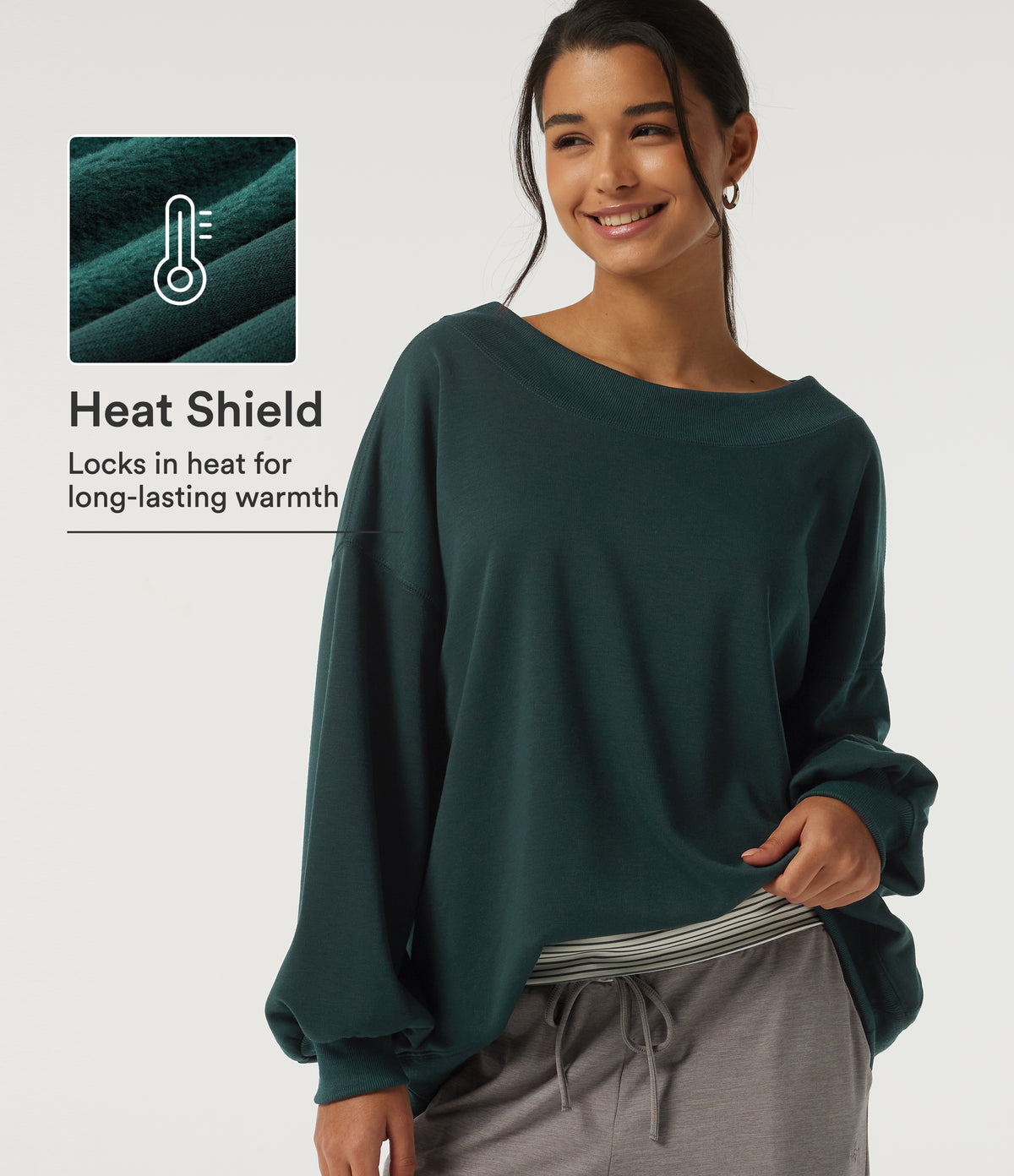 Round Neck Long Sleeve Fleece Casual Sweatshirt — Darkest Spruce — view 1