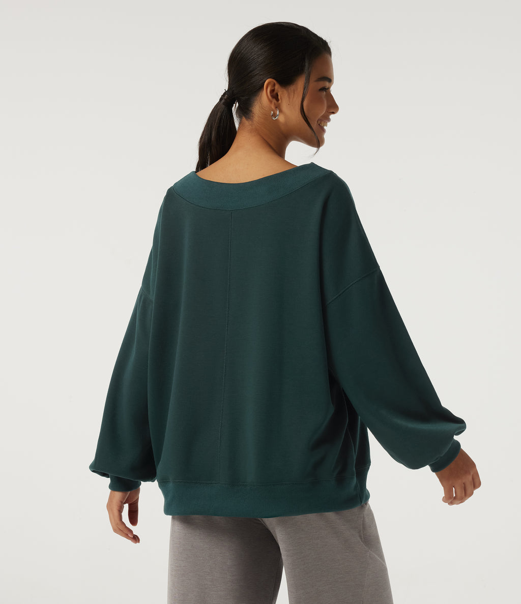 Round Neck Long Sleeve Fleece Casual Sweatshirt — Darkest Spruce — view 2