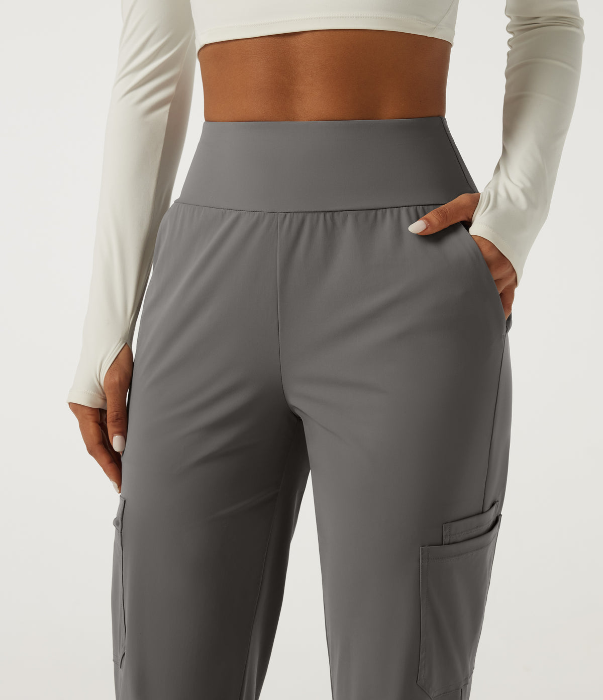 Wrinkle Recovery Quick Dry High Waisted Tapered Workout Joggers with Pockets — Steel Gray — view 4