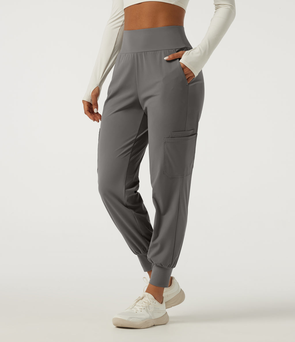 Wrinkle Recovery Quick Dry High Waisted Tapered Workout Joggers with Pockets — Steel Gray — view 1