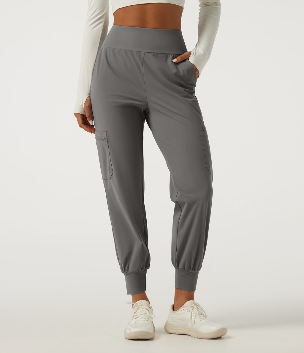 Wrinkle Recovery Quick Dry High Waisted Tapered Workout Joggers with Pockets — Steel Gray — view 3