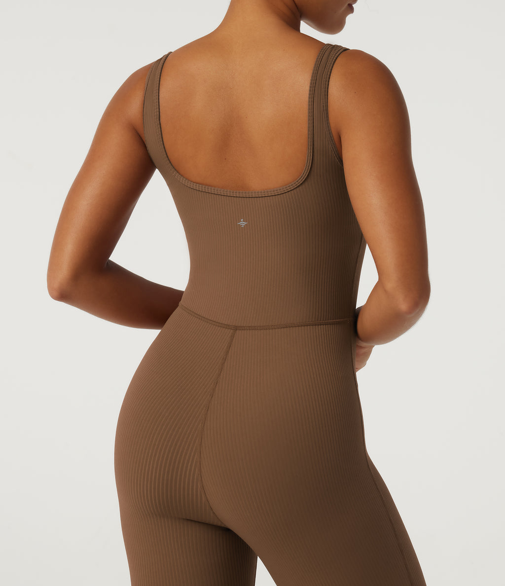 Ribbed Square Neck Sleeveless Yoga Jumpsuit with Built-in Bra — Bison — view 5