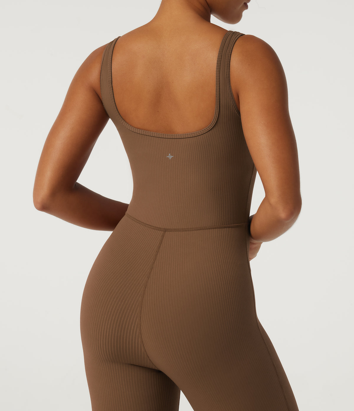 Ribbed Square Neck Sleeveless Yoga Jumpsuit with Built-in Bra — Bison — view 5