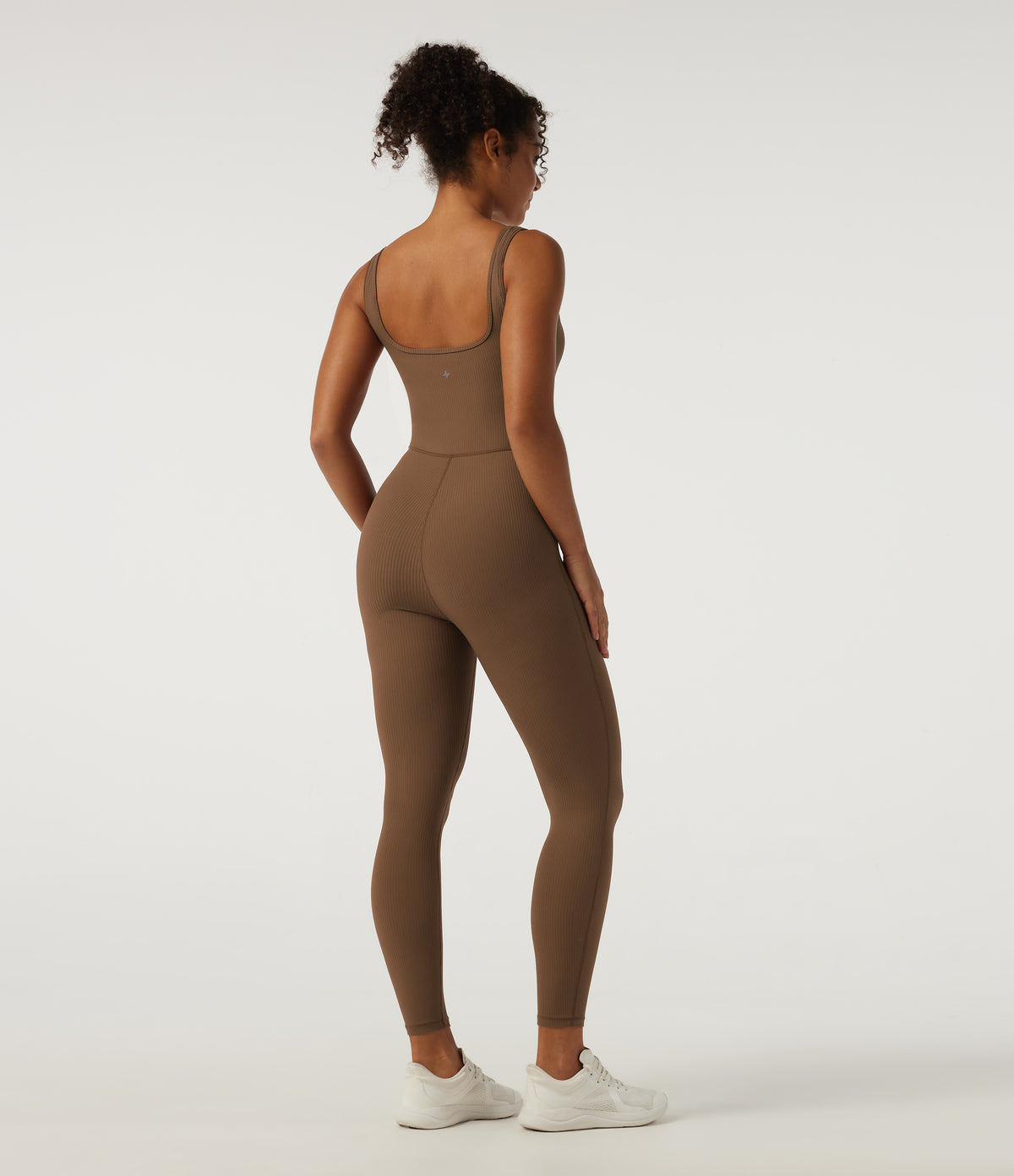 Ribbed Square Neck Sleeveless Yoga Jumpsuit with Built-in Bra — Bison — view 2