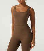 Ribbed Square Neck Sleeveless Yoga Jumpsuit with Built-in Bra — Bison — view 4