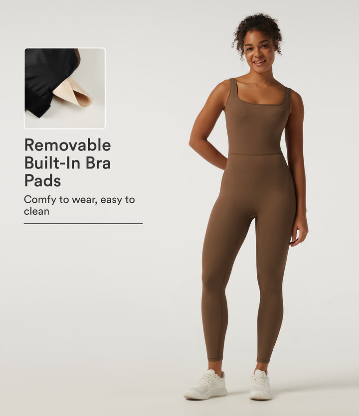 Ribbed Square Neck Sleeveless Yoga Jumpsuit with Built-in Bra — Bison — view 1