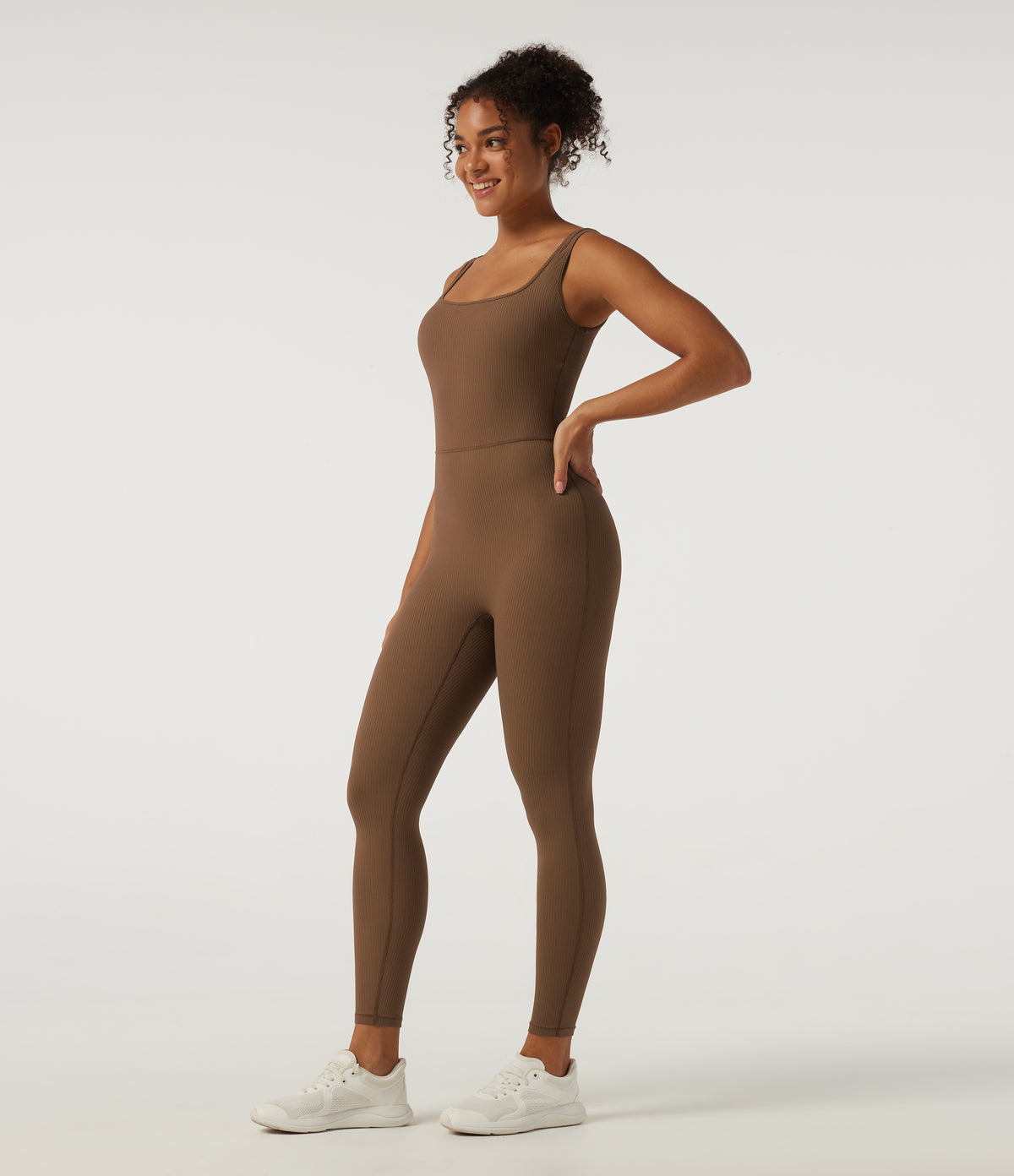 Ribbed Square Neck Sleeveless Yoga Jumpsuit with Built-in Bra — Bison — view 3