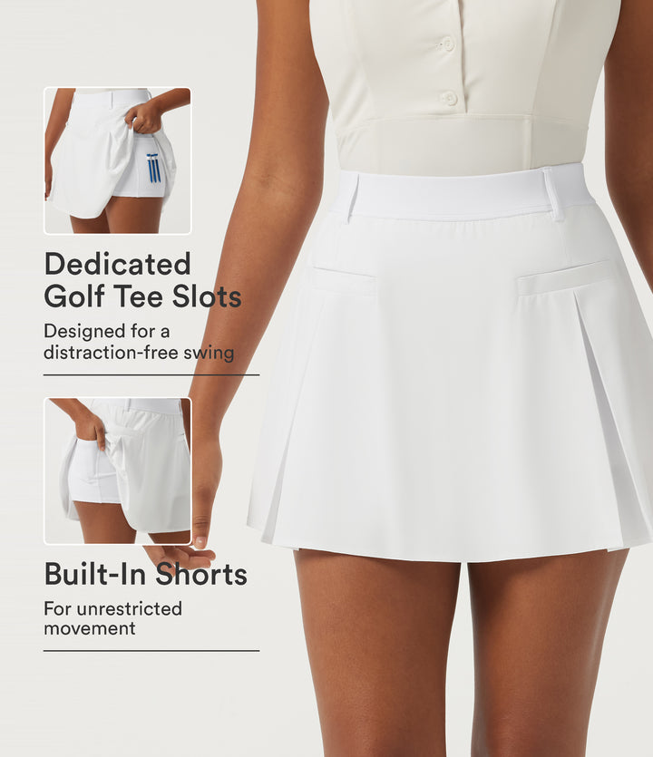 High Waisted Pleated 2-in-1 A Line Quick Dry Micro Mini Golf Skirt with Pockets-Golf Tee — White — view 1