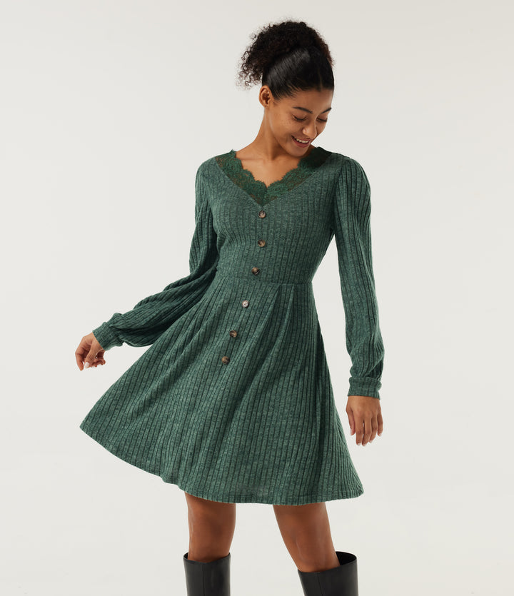 Ribbed Knit V Neck Long Sleeve Contrast Lace Mini Casual Dress — Mottled Greenlake — view 1