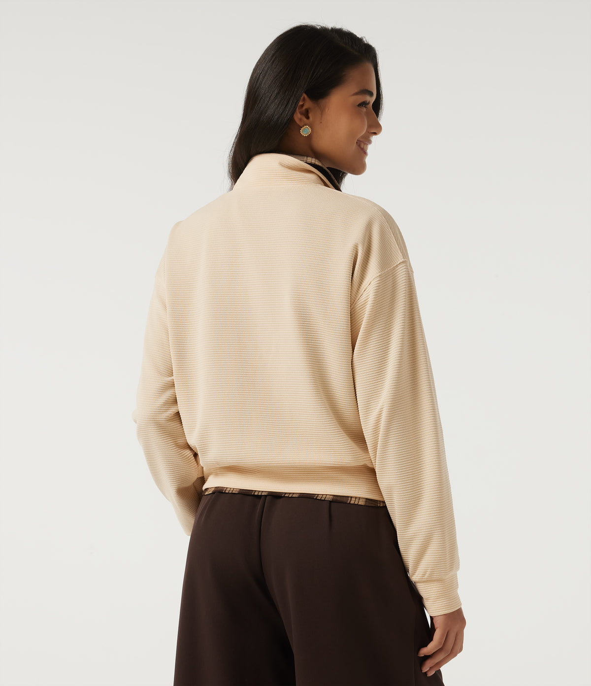 Mock Neck Long Sleeve Waffle Casual Sweatshirt — Almond Oil — view 2