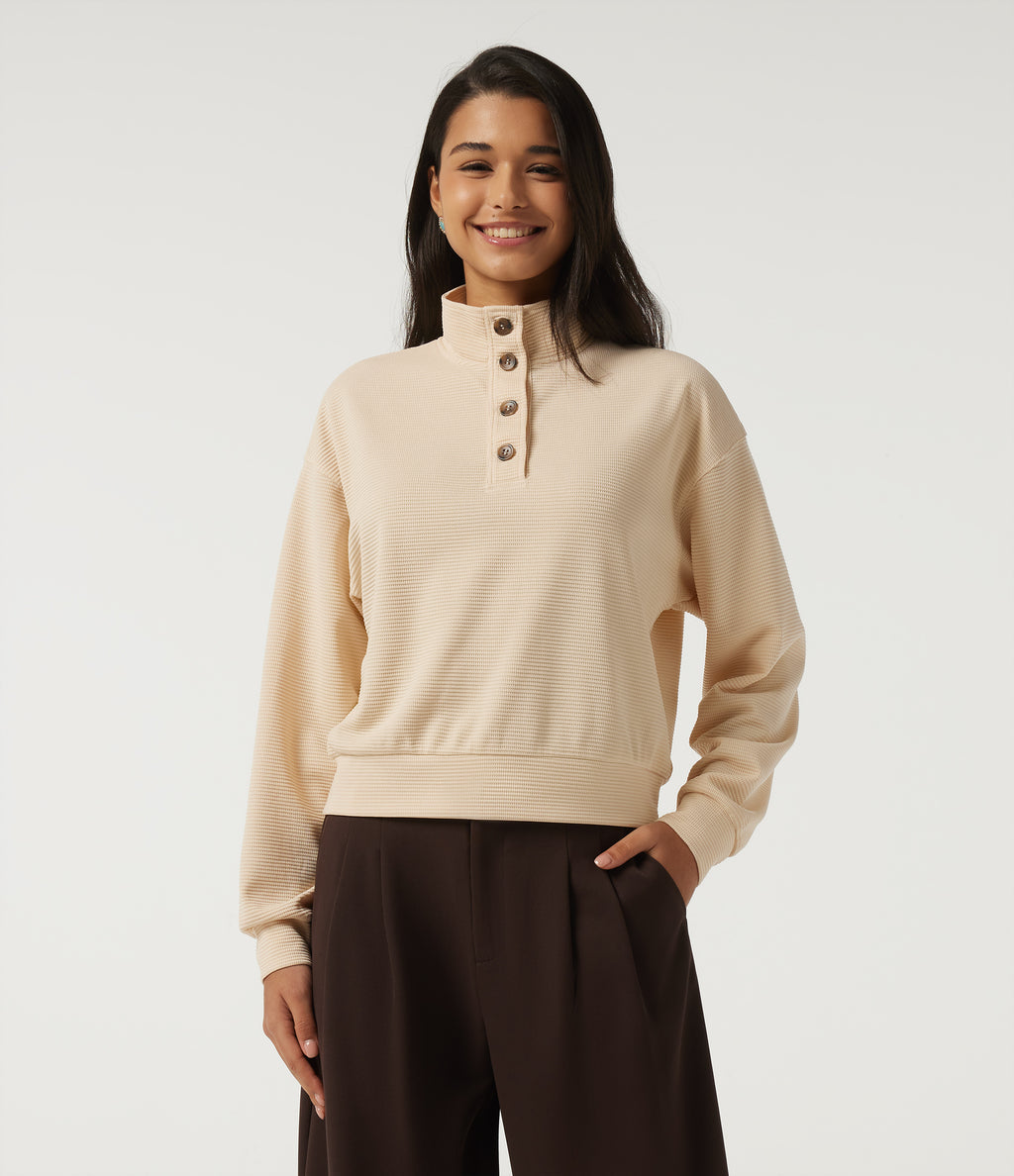 Mock Neck Long Sleeve Waffle Casual Sweatshirt — Almond Oil — view 1