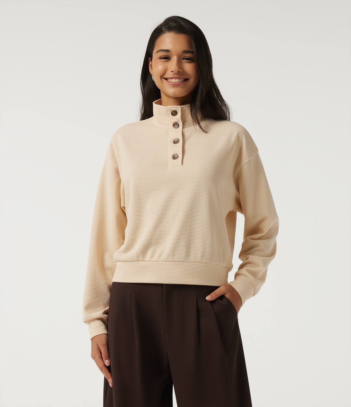 Mock Neck Long Sleeve Waffle Casual Sweatshirt — Almond Oil — view 1
