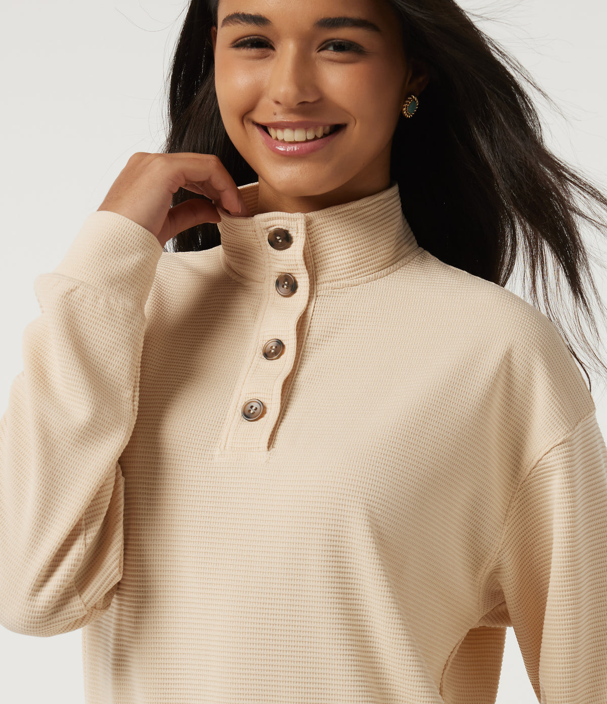 Mock Neck Long Sleeve Waffle Casual Sweatshirt — Almond Oil — view 5