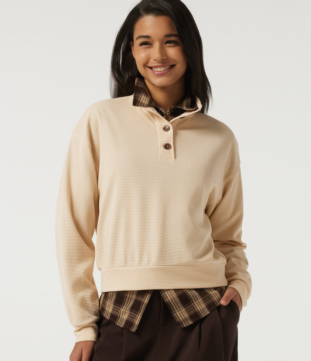 Mock Neck Long Sleeve Waffle Casual Sweatshirt — Almond Oil — view 4