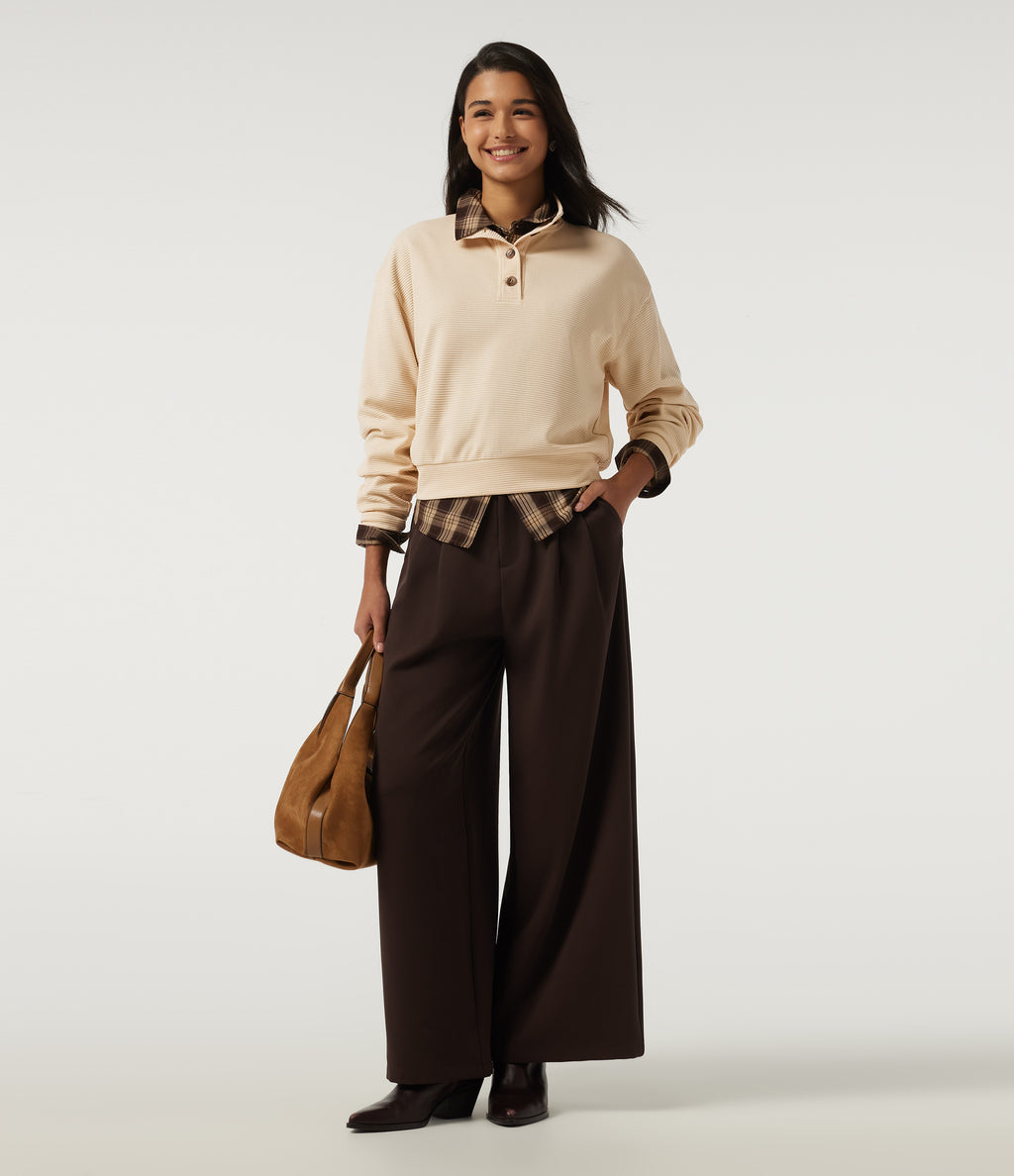 Mock Neck Long Sleeve Waffle Casual Sweatshirt — Almond Oil — view 6