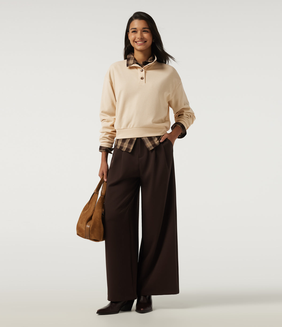 Mock Neck Long Sleeve Waffle Casual Sweatshirt — Almond Oil — view 6