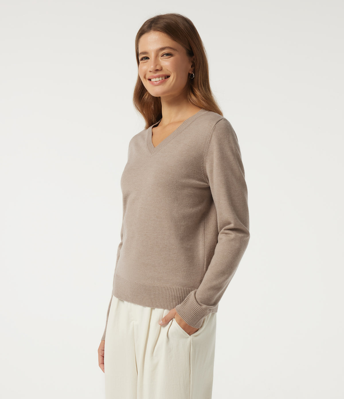 V Neck Long Sleeve Work Jumper — Daywall Beige — view 3