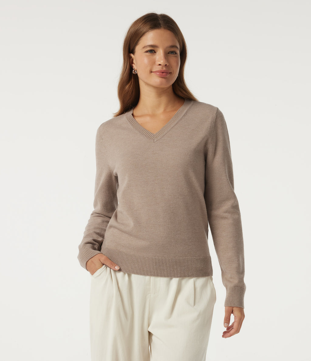 V Neck Long Sleeve Work Jumper — Daywall Beige — view 1