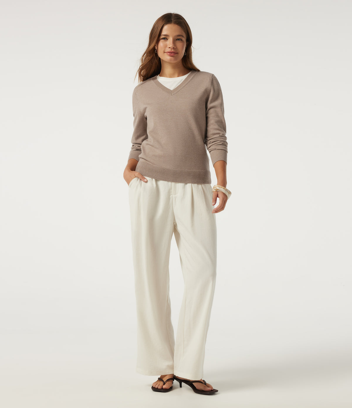 V Neck Long Sleeve Work Jumper — Daywall Beige — view 6