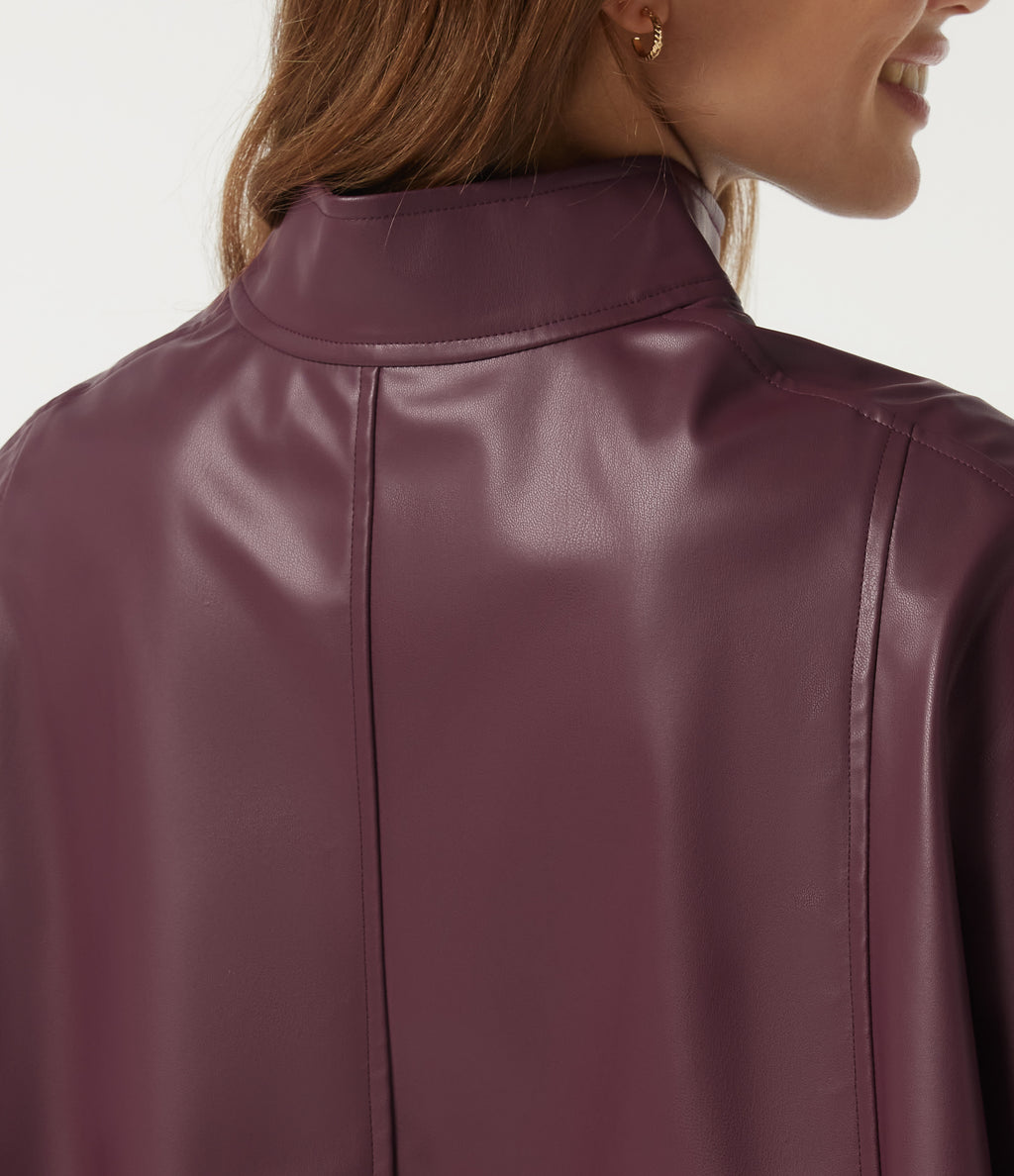 Mock Neck Sleeveless Work Faux Leather Jacket — Vineyard Wine — view 6