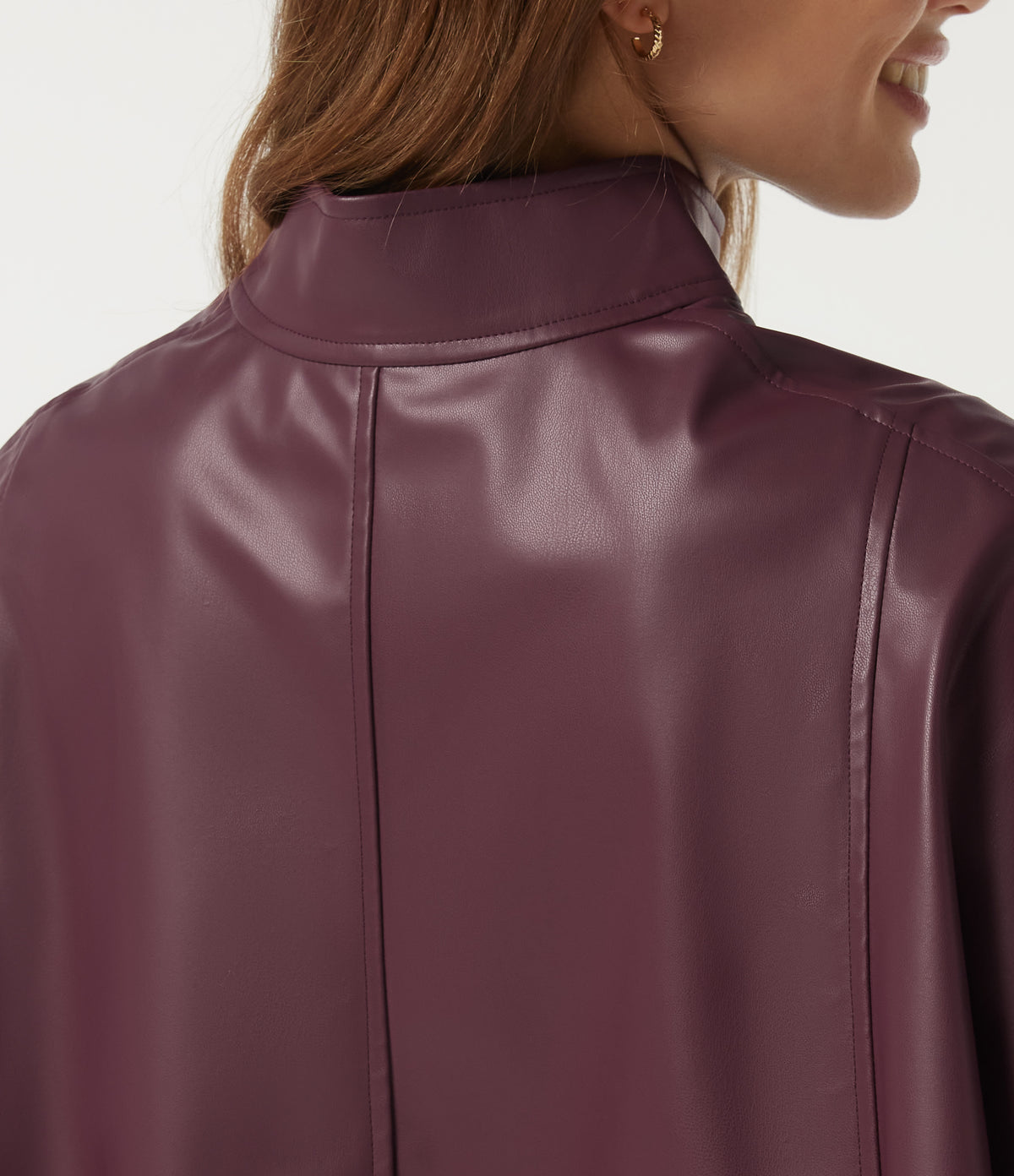 Mock Neck Sleeveless Work Faux Leather Jacket — Vineyard Wine — view 6