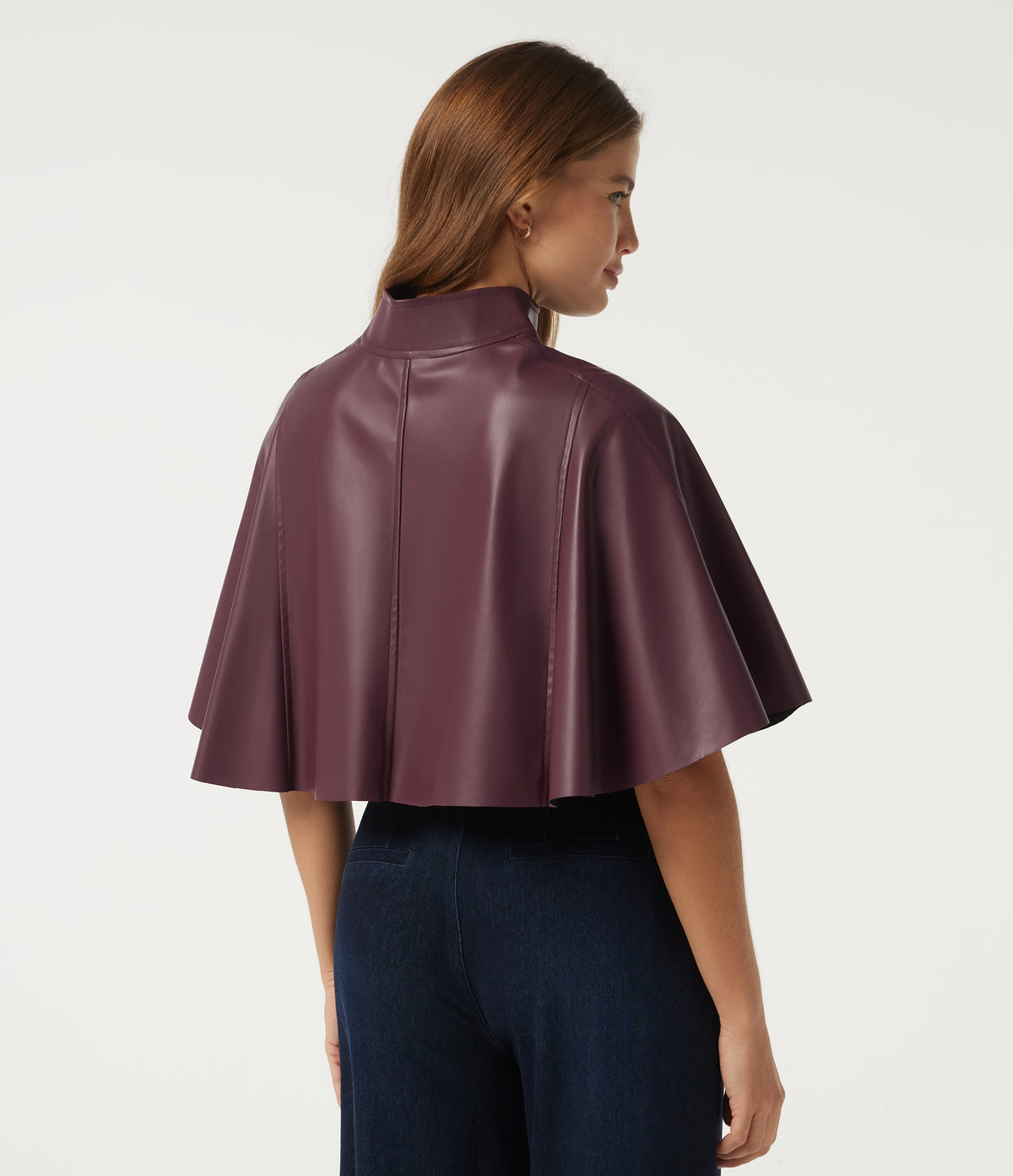 Mock Neck Sleeveless Work Faux Leather Jacket — Vineyard Wine — view 2
