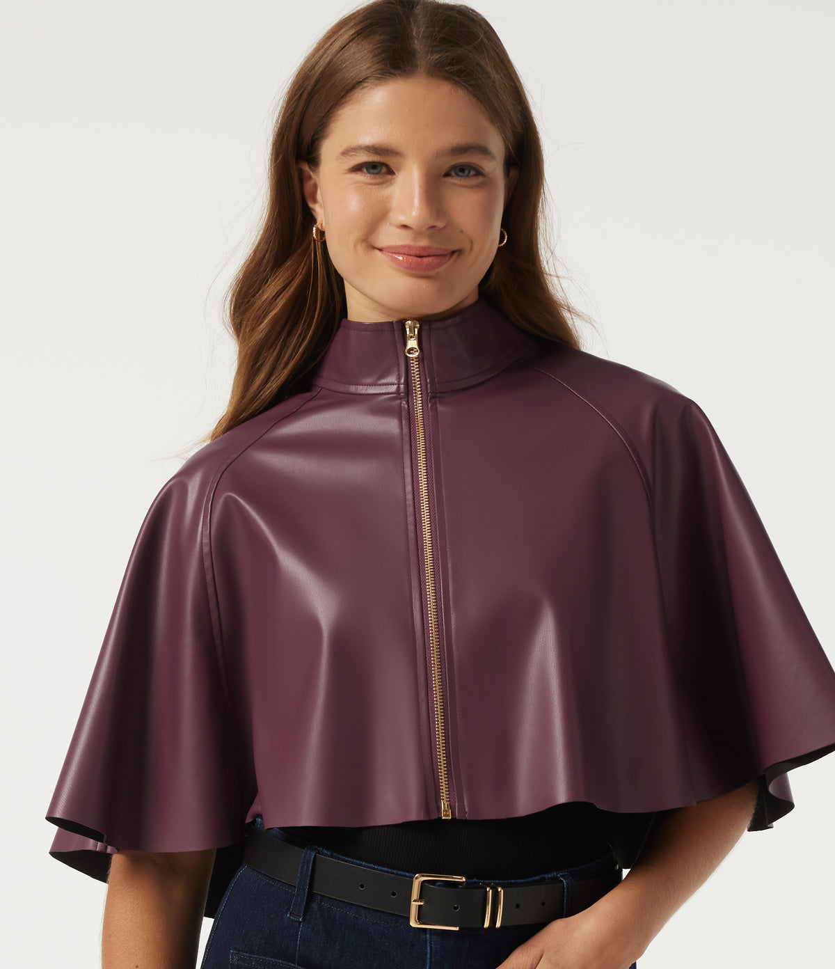 Mock Neck Sleeveless Work Faux Leather Jacket — Vineyard Wine — view 4