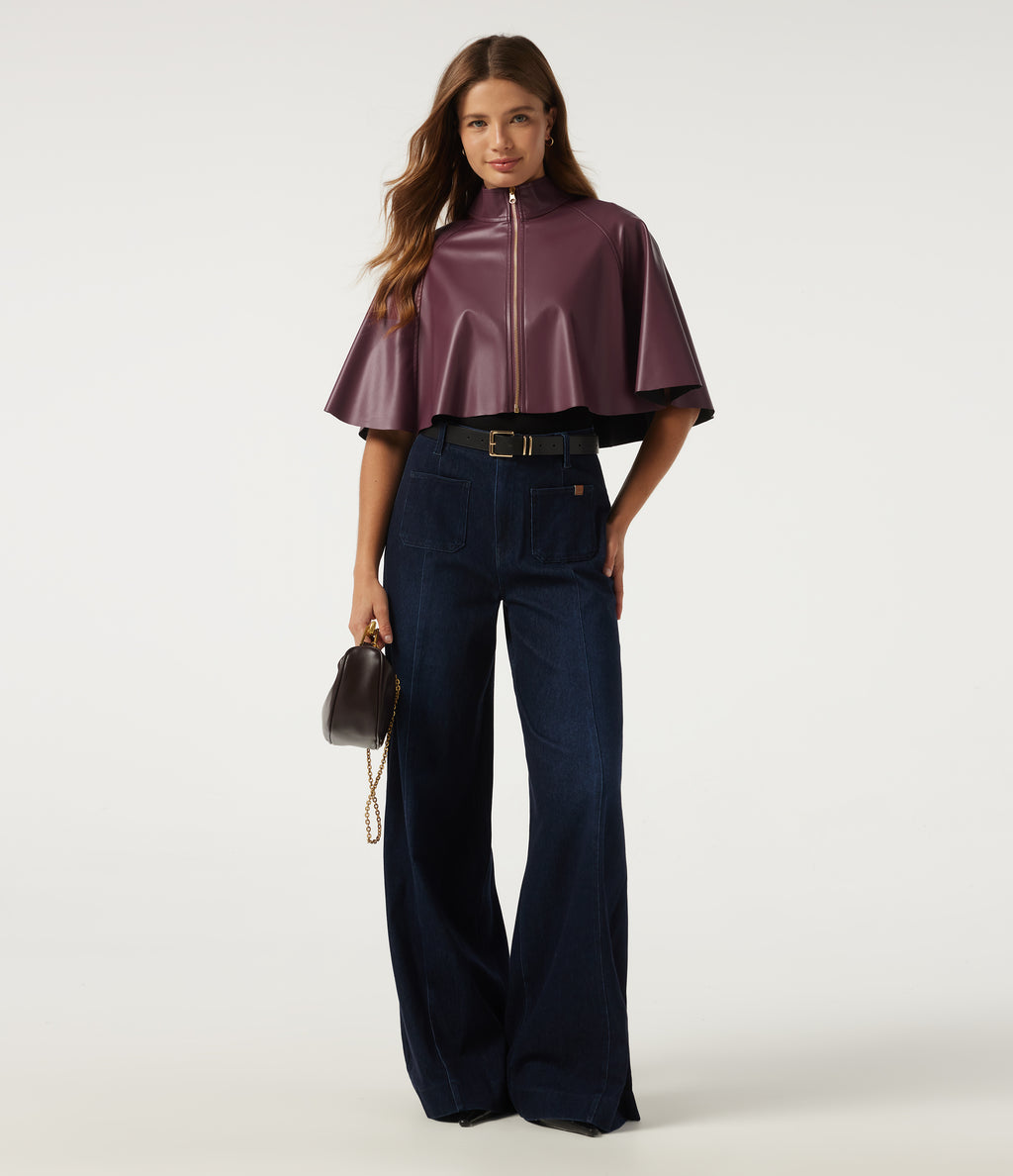 Mock Neck Sleeveless Work Faux Leather Jacket — Vineyard Wine — view 7
