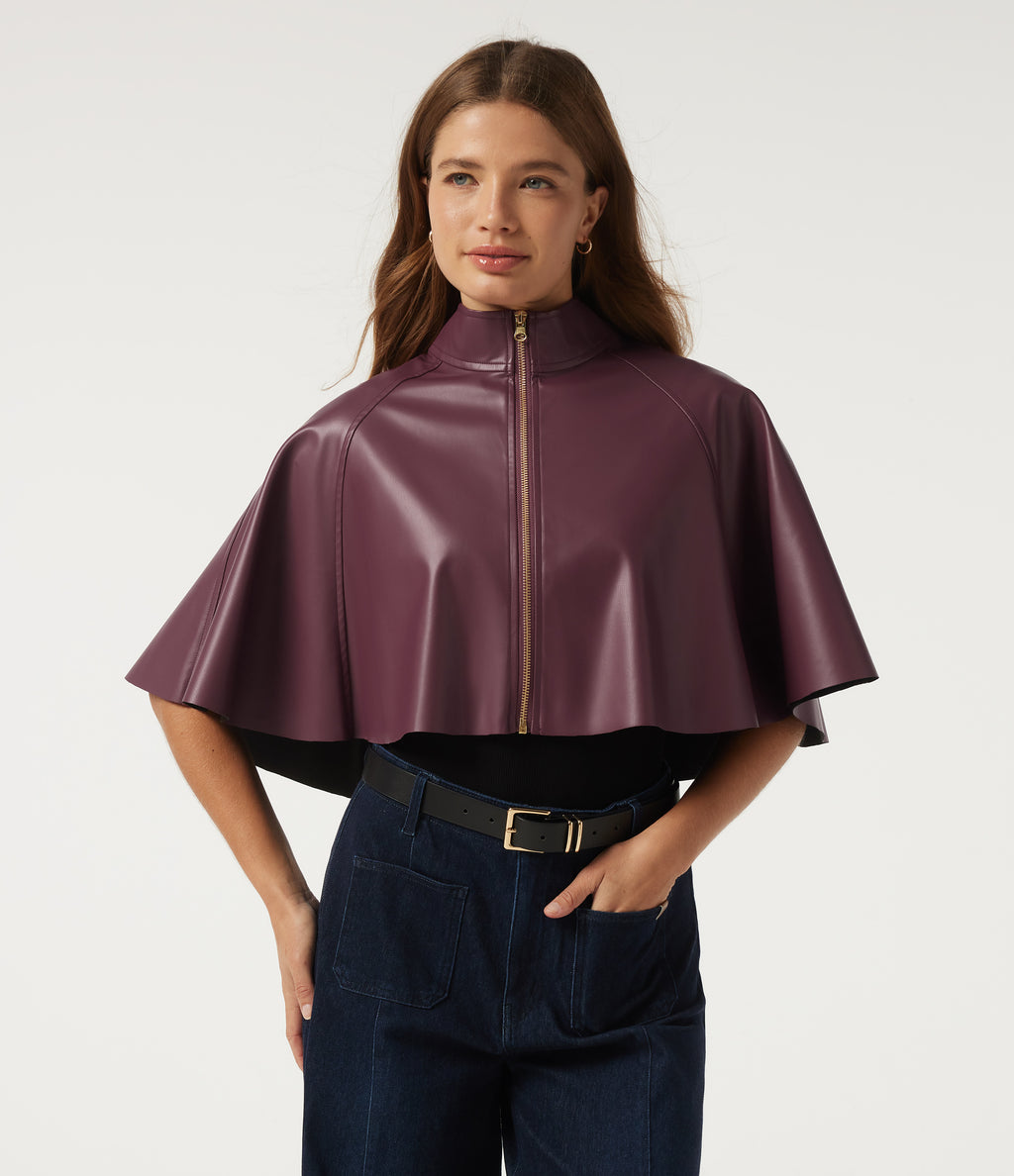 Mock Neck Sleeveless Work Faux Leather Jacket — Vineyard Wine — view 1