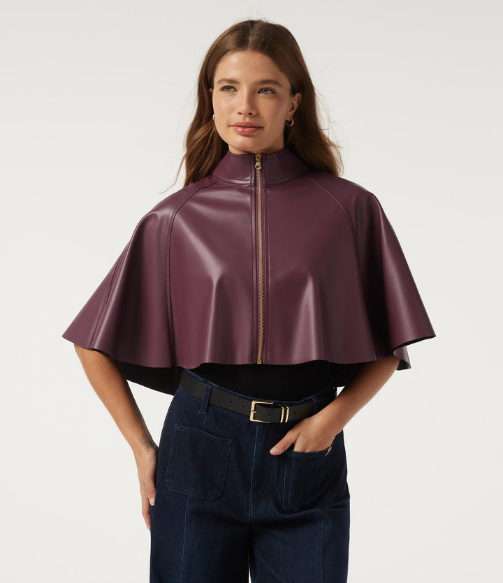 Mock Neck Sleeveless Work Faux Leather Jacket — Vineyard Wine — view 1