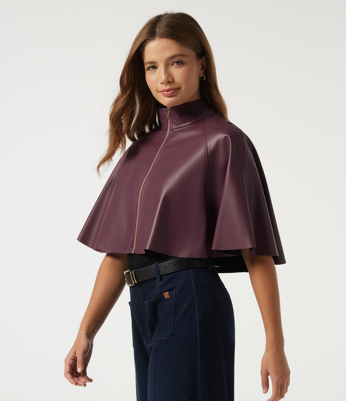 Mock Neck Sleeveless Work Faux Leather Jacket — Vineyard Wine — view 3