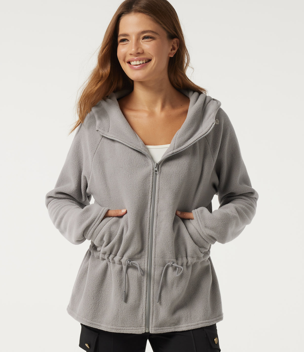 Hooded Long Sleeve Drawstring Curved Hem Fleece Casual Coat with Pockets — Gray Daze — view 4