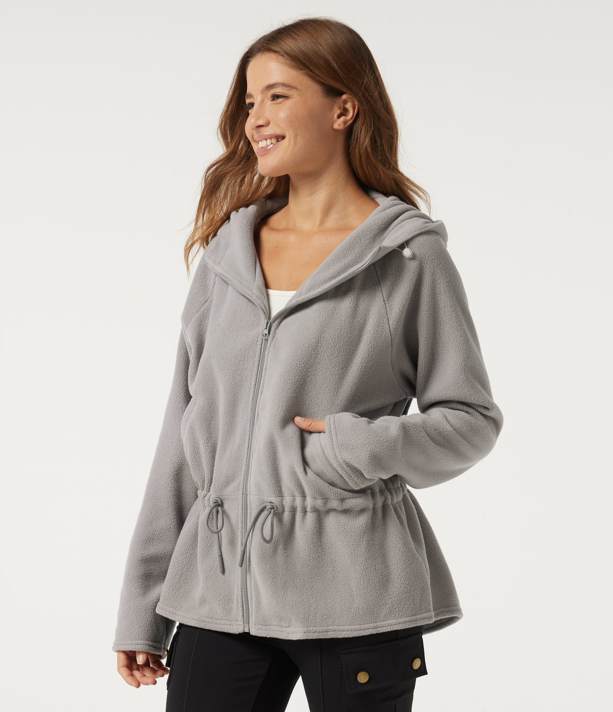 Hooded Long Sleeve Drawstring Curved Hem Fleece Casual Coat with Pockets — Gray Daze — view 3