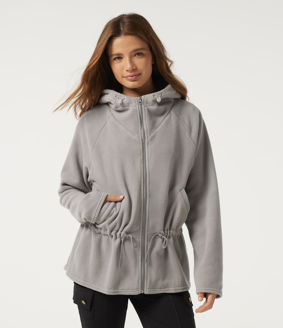 Hooded Long Sleeve Drawstring Curved Hem Fleece Casual Coat with Pockets — Gray Daze — view 1