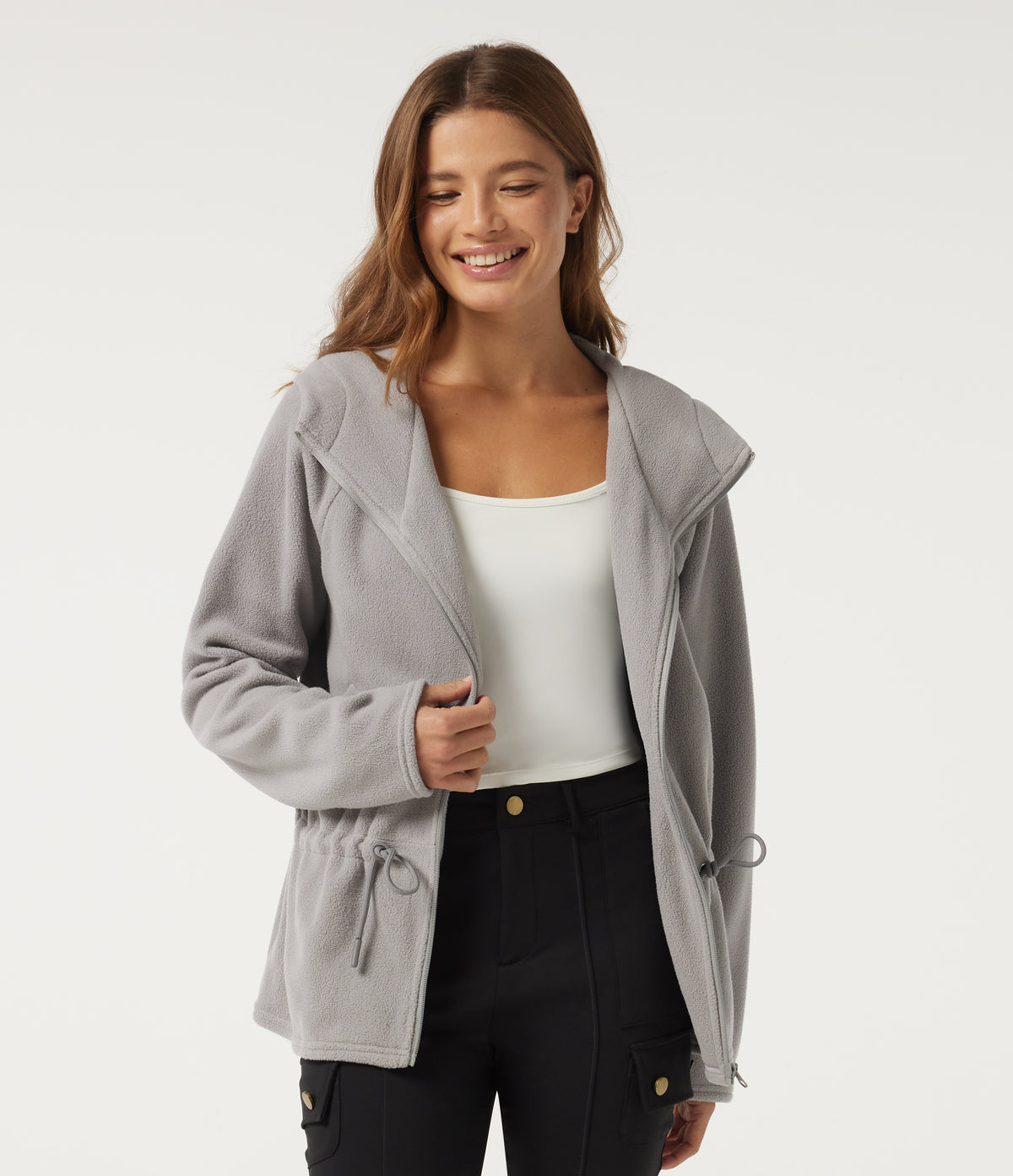 Hooded Long Sleeve Drawstring Curved Hem Fleece Casual Coat with Pockets — Gray Daze — view 5