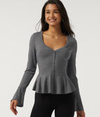 Sweetheart Neck Flounce Long Sleeve Ruffle Hem Casual T-Shirt — Darl Gray Floral Yarn — view 1