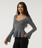 Sweetheart Neck Flounce Long Sleeve Ruffle Hem Casual T-Shirt — Darl Gray Floral Yarn — view 3