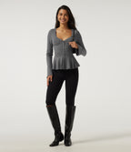 Sweetheart Neck Flounce Long Sleeve Ruffle Hem Casual T-Shirt — Darl Gray Floral Yarn — view 6