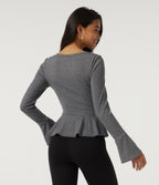 Sweetheart Neck Flounce Long Sleeve Ruffle Hem Casual T-Shirt — Darl Gray Floral Yarn — view 2