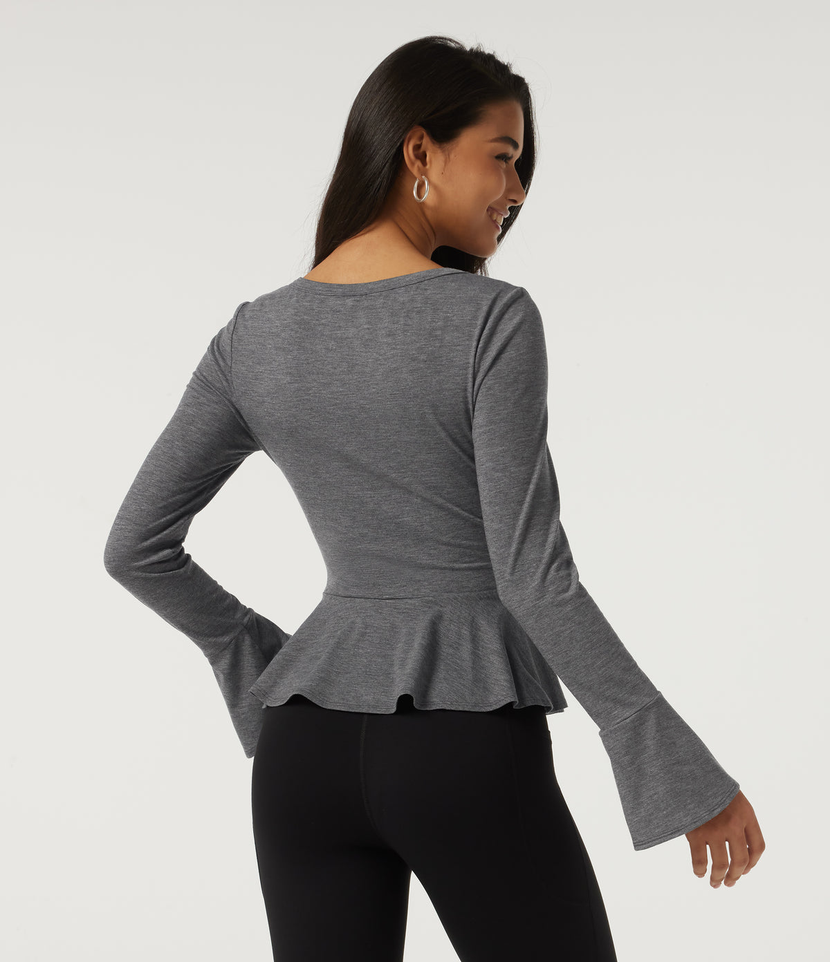 Sweetheart Neck Flounce Long Sleeve Ruffle Hem Casual T-Shirt — Darl Gray Floral Yarn — view 2